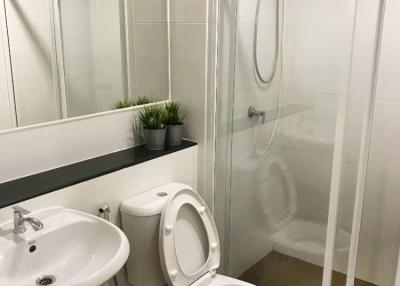 Modern bathroom with shower cabin, toilet, and washbasin