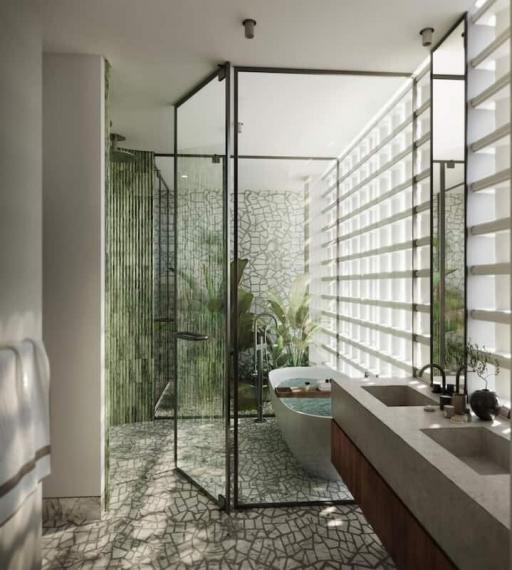 Modern bathroom with natural light and greenery