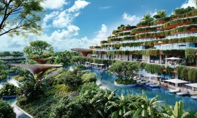 Futuristic eco-friendly residential building with lush greenery and swimming pools