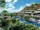 Futuristic eco-friendly residential building with lush greenery and swimming pools