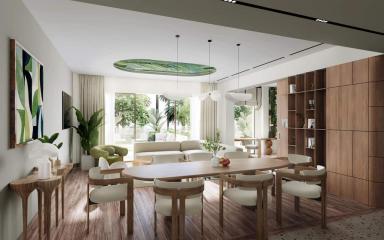 Modern dining room with natural lighting and garden view