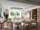 Modern dining room with natural lighting and garden view