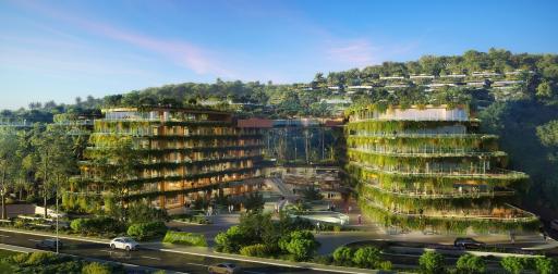 Modern multi-tiered residential building with extensive greenery and terraces