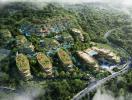 Aerial view of a modern eco-friendly residential complex with abundant greenery