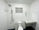 Modern compact bathroom interior with white brick walls