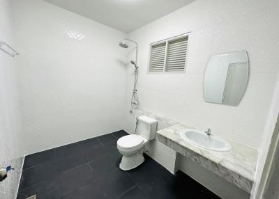 Modern bathroom with white walls, toilet and walk-in shower
