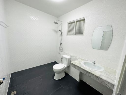 Modern bathroom with white walls, toilet and walk-in shower