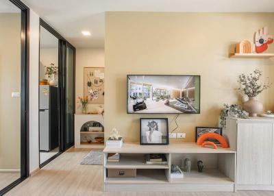 Modern living room interior with television and decorative furnishings