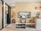 Modern living room interior with television and decorative furnishings