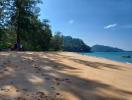 Scenic beach view with clear skies and lush greenery