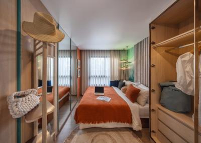 Cozy bedroom interior with warm tones and modern design