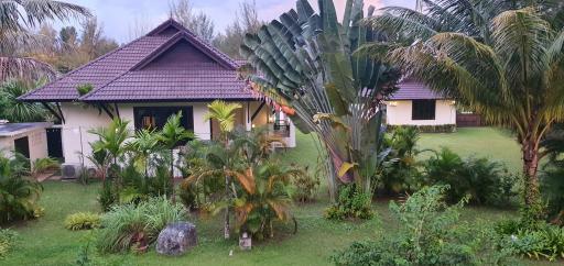 Lush garden with tropical vegetation and detached house under overcast skies