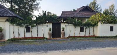 Traditional style gated house with a tiled roof and tropical landscape