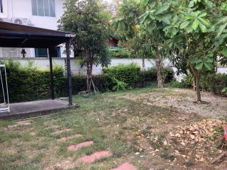 Spacious backyard garden with greenery and a patio area