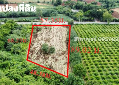 Aerial view of a rectangular land plot for sale surrounded by trees and agricultural fields
