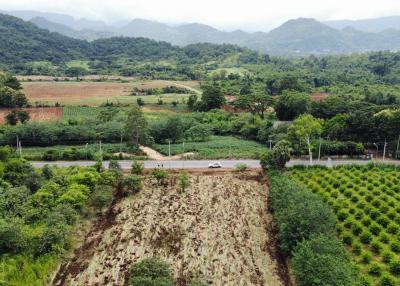 Aerial view of rural landscape with fields, trees, and mountains in the distance