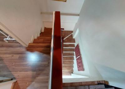 Wooden staircase leading to the upper level of a home with polished hardwood floors