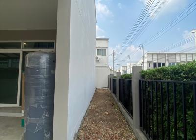 Side yard of a modern home with narrow gardening space and boundary fencing