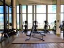 Modern gym with panoramic city views through large windows, featuring exercise equipment