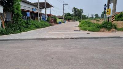 Paved road leading into a residential area with houses and greenery