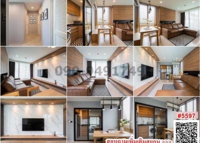 Collage of multiple rooms in a modern home, including living room, bedroom, kitchen, and dining area