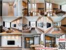 Collage of multiple rooms in a modern home, including living room, bedroom, kitchen, and dining area