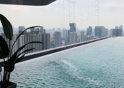 Modern infinity pool balcony overlooking the city skyline