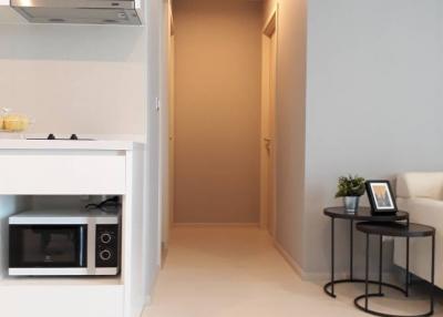 Modern apartment interior showing a hallway and part of the kitchen and living room