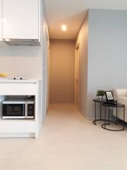 Modern apartment interior showing a hallway and part of the kitchen and living room