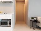 Modern apartment interior showing a hallway and part of the kitchen and living room