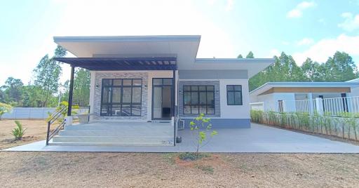 Contemporary single-story family house with a spacious front yard and a porch