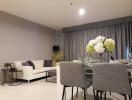 Modern living room with dining area and elegant decor