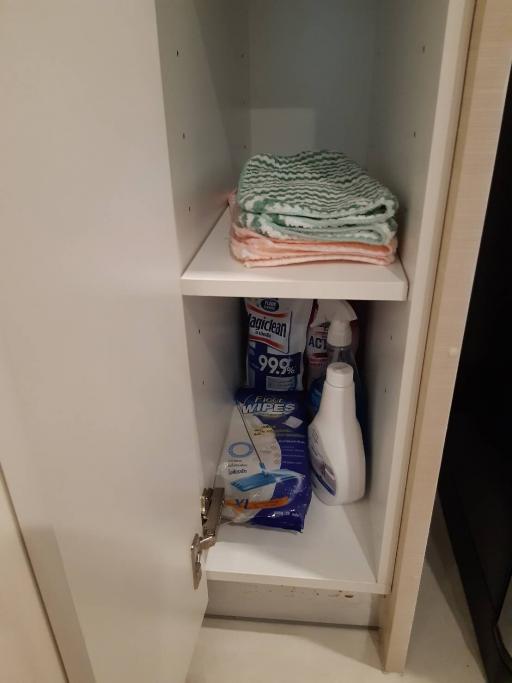Small storage cabinet with cleaning supplies and towels