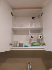 Interior of a kitchen cabinet with cleaning supplies and dishes