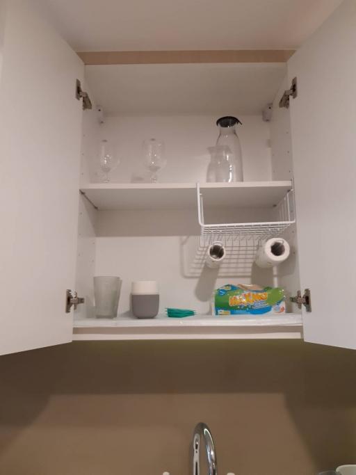 Interior of a kitchen cabinet with cleaning supplies and dishes