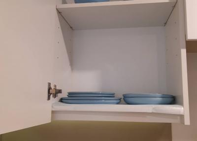 Open kitchen cabinet with dishes