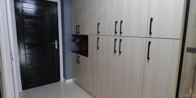 Modern entryway with large wardrobe and black door