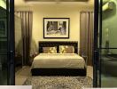 Cozy bedroom interior with modern design and glass doors