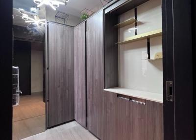 Modern hallway interior with decorative lighting and shelving