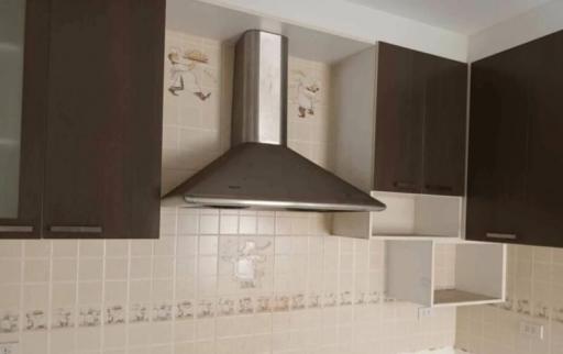 Modern kitchen with stainless steel range hood and dark wood cabinets