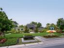 Spacious garden with gazebo and landscaped greenery