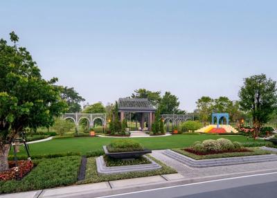 Spacious garden with gazebo and landscaped greenery