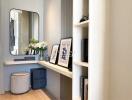 Elegantly designed bedroom interior with a vanity corner and built-in shelves