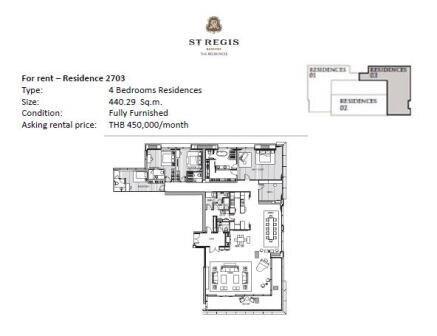 The Residences at St. Regis Bangkok 4 bedroom property for rent