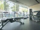 Modern gym with exercise equipment and large windows