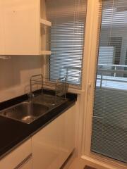 Compact modern kitchen with stainless steel sink and white cabinets