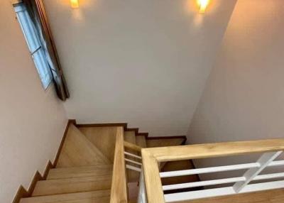 Wooden staircase with light fixtures on the wall