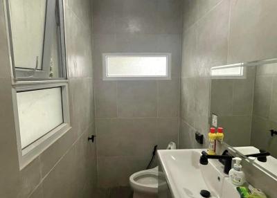 Modern bathroom with gray tiles and natural light