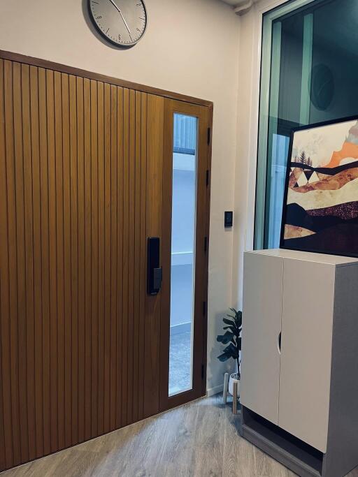 Modern entrance hall with wooden door and sleek storage cabinet