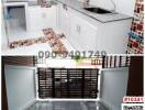 Modern kitchen with granite countertop and spacious tiled patio area